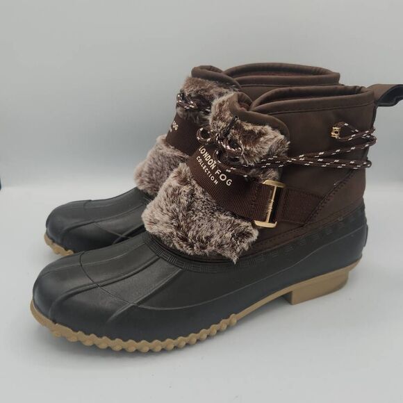 London Fog Willette duck boots in dark brown with faux fur trim women's size 8 - Picture 1 of 6